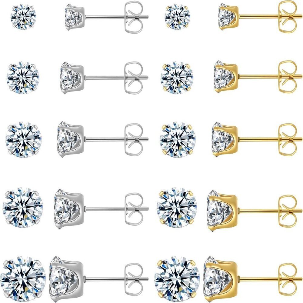 10 Pairs Surgical Steel Stud Earrings Set Hypoallergenic Silver Gold CZ Gift